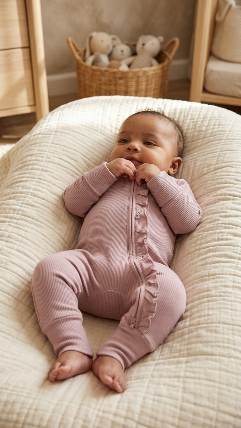 Ribbed Ruffle Zip Romper — Dusty Rose