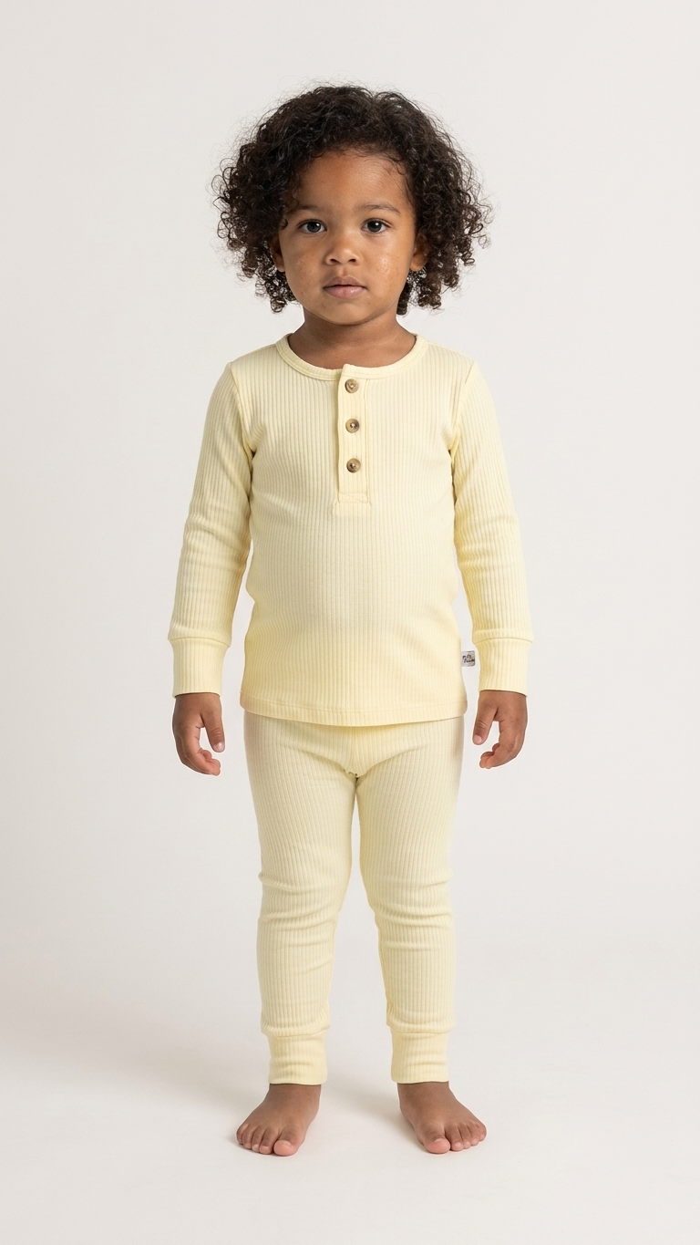Butter Yellow Ribbed Bamboo Henley Two-Piece Set