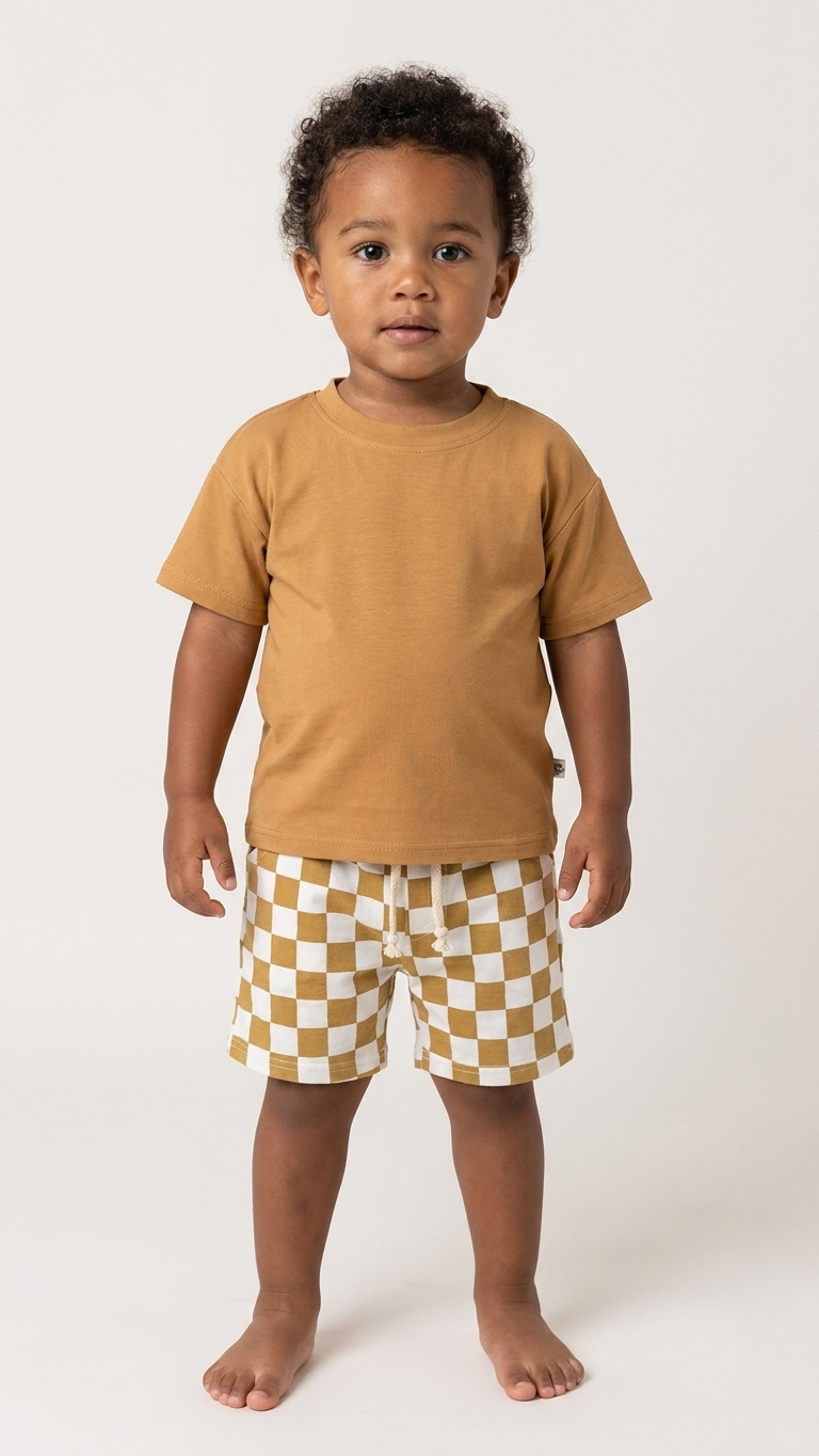 Caramel Check Bamboo Short & Shirt Set – Soft Two-Piece Toddler Outfit