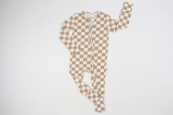 Taupe Checkerboard Bamboo Zippy Romper