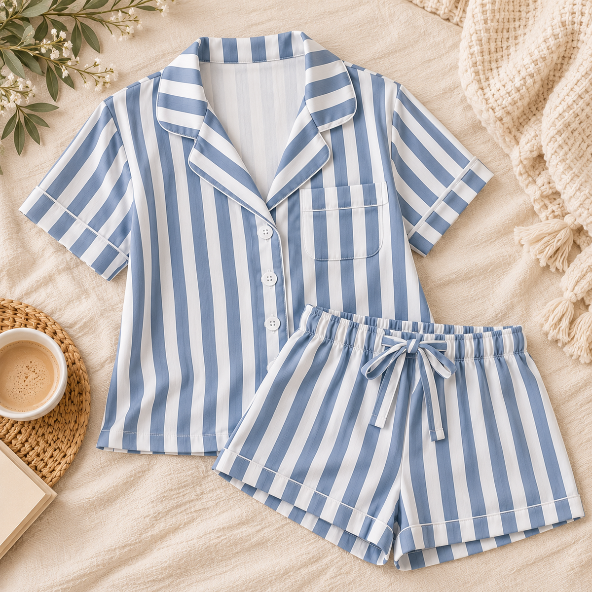 Women's Coastal Blue Stripe Bamboo Lounge Set