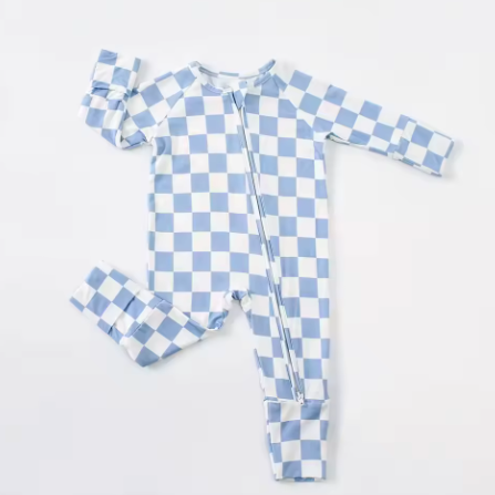Blue Checker Baby Romper - Soft Bamboo Comfort