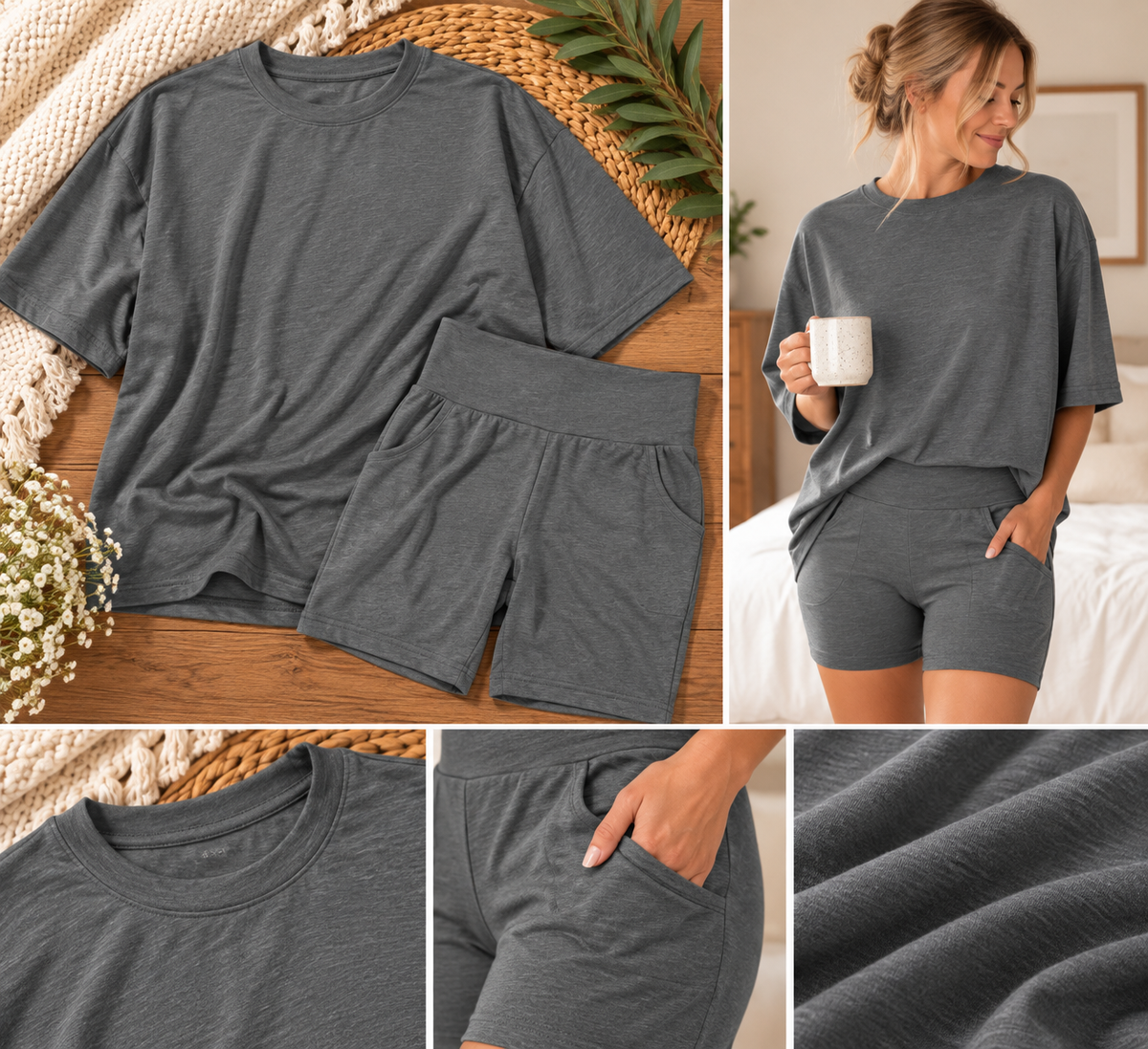 Heather Charcoal Bamboo Oversized Tee & Biker Shorts Set