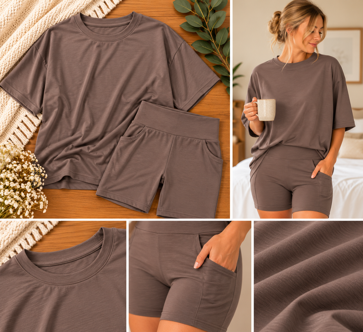 Mocha Taupe Women's Bamboo Oversized Tee & Biker Shorts Set