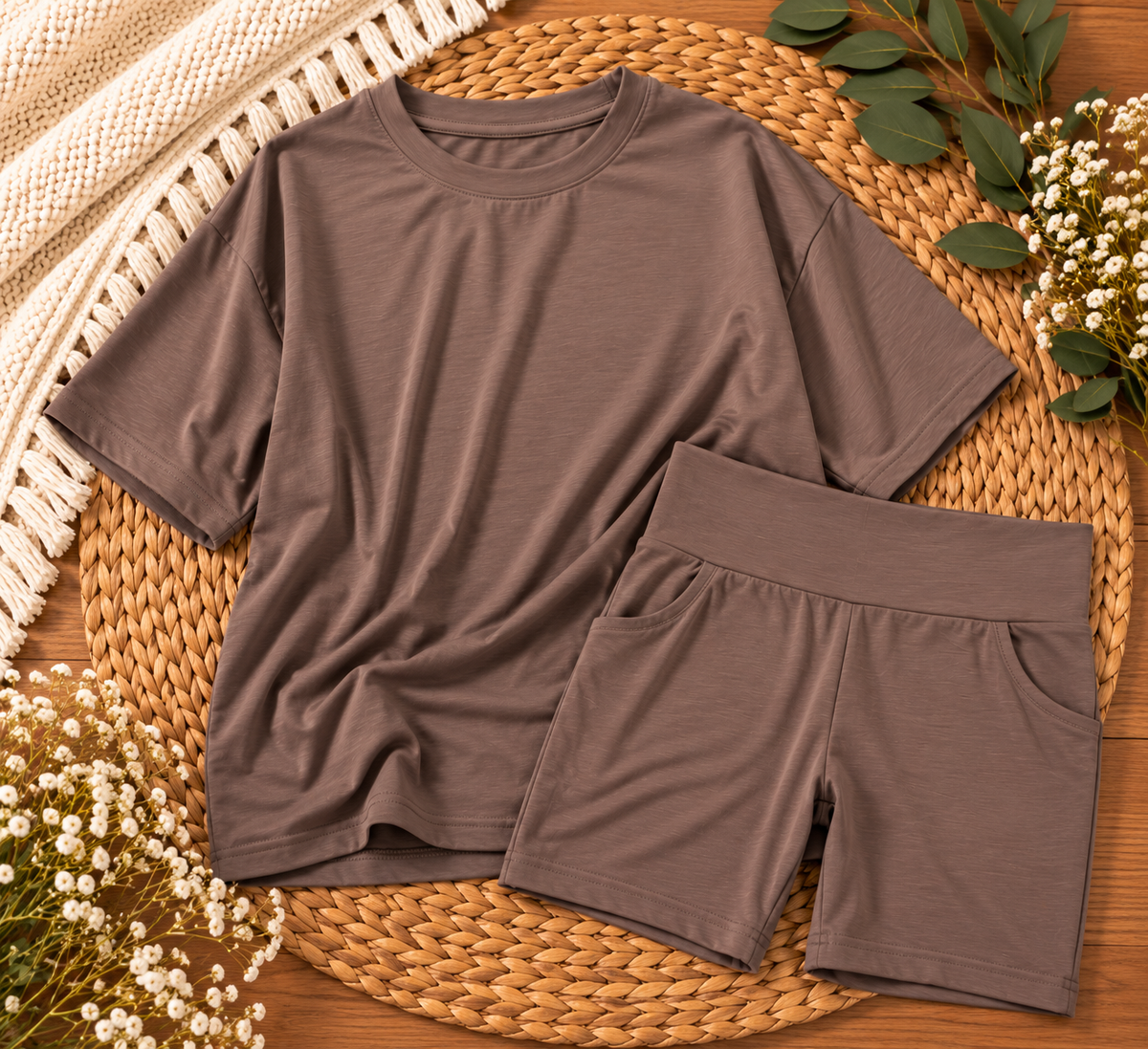 Mocha Taupe Women's Bamboo Oversized Tee & Biker Shorts Set