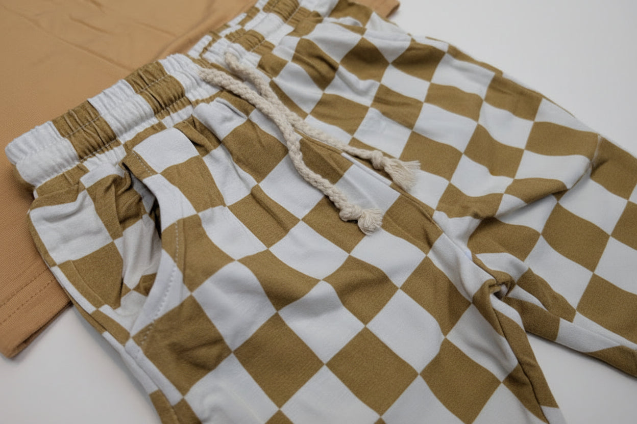 Caramel Check Bamboo Short & Shirt Set – Soft Two-Piece Toddler Outfit