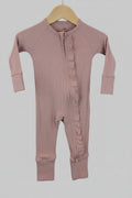 Ribbed Ruffle Zip Romper — Dusty Rose