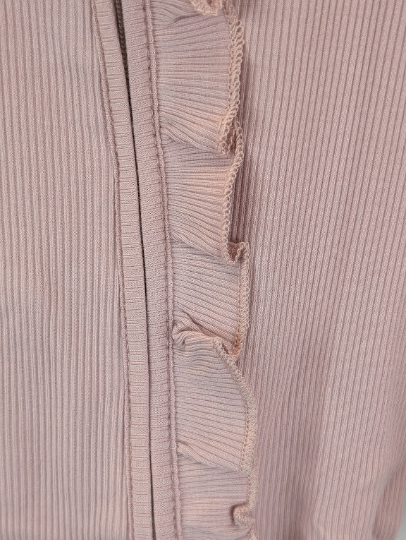 Ribbed Ruffle Zip Romper — Dusty Rose