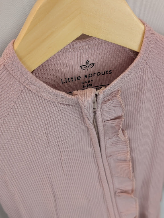 Ribbed Ruffle Zip Romper — Dusty Rose