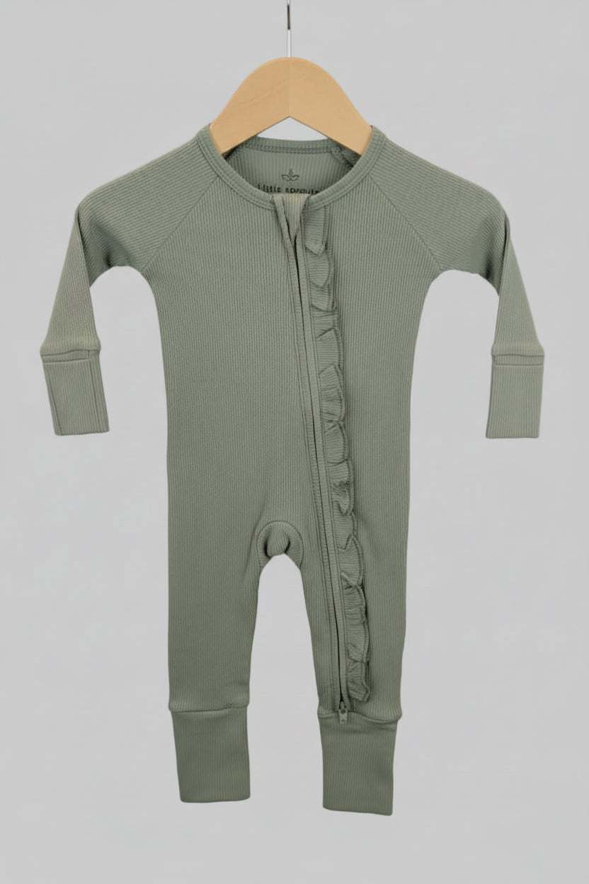 Ribbed Ruffle Zip Romper — Sage