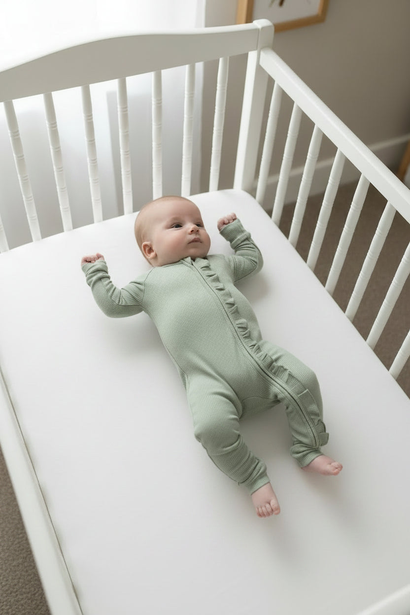 Ribbed Ruffle Zip Romper — Sage