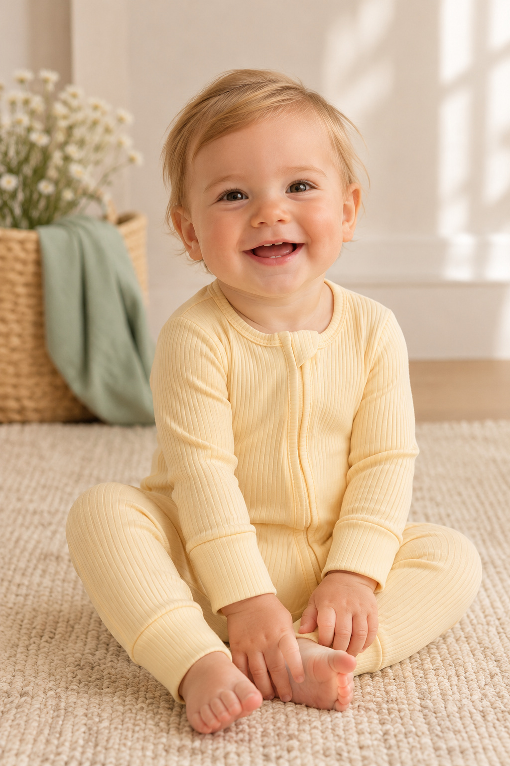 Butter Yellow Ribbed Bamboo Zip Romper