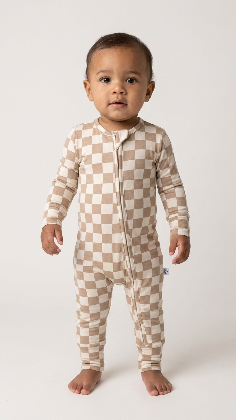 Taupe Checkerboard Bamboo Zippy Romper