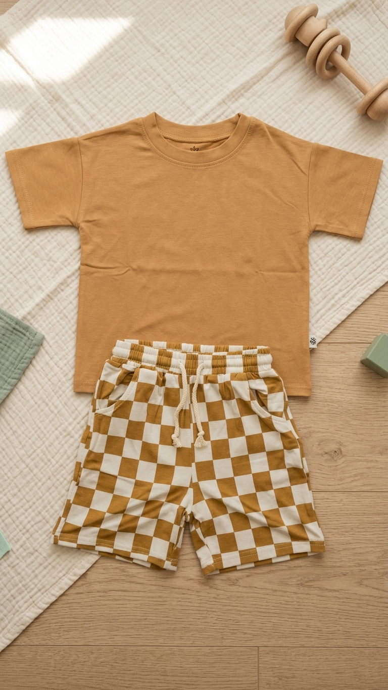 Caramel Check Bamboo Short & Shirt Set – Soft Two-Piece Toddler Outfit