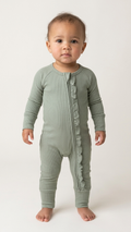 Ribbed Ruffle Zip Romper — Sage