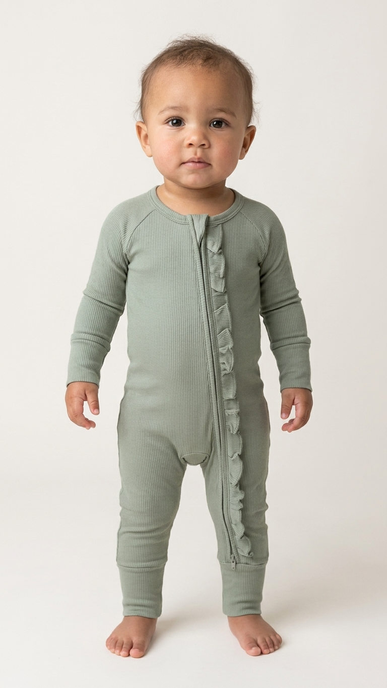 Ribbed Ruffle Zip Romper — Sage