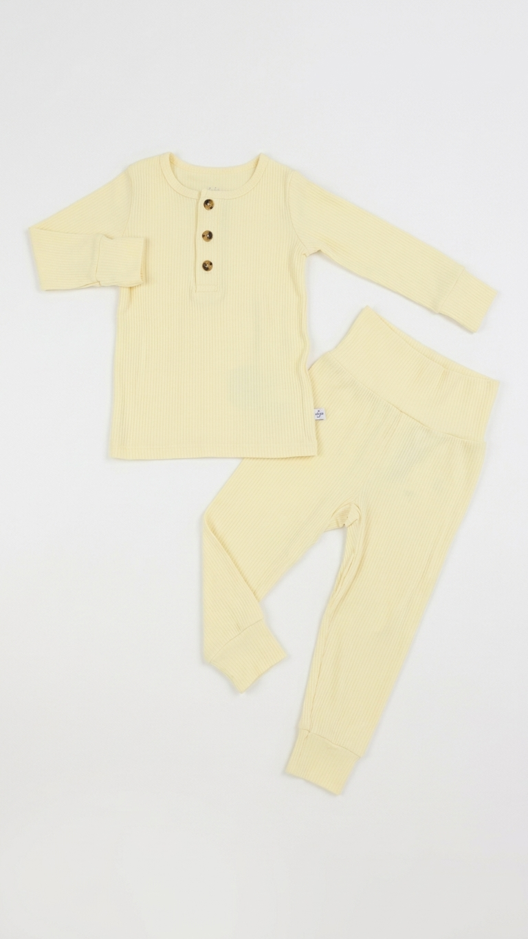 Butter Yellow Ribbed Bamboo Henley Two-Piece Set