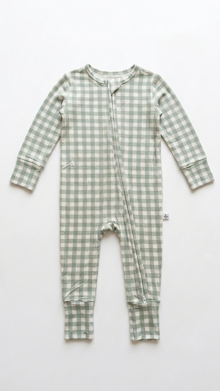 Sage Gingham Bamboo Zippy Romper