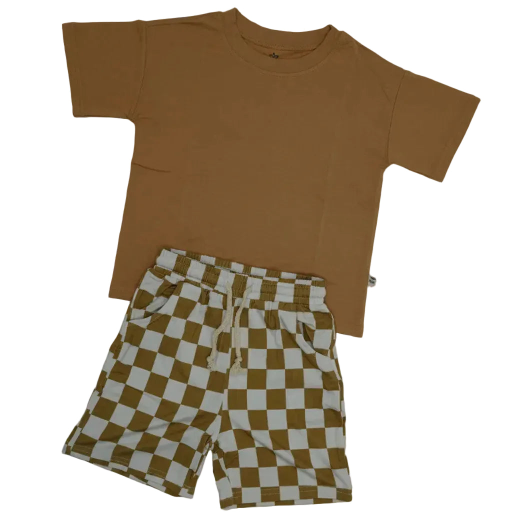 Caramel Check Bamboo Short & Shirt Set – Soft Two-Piece Toddler Outfit